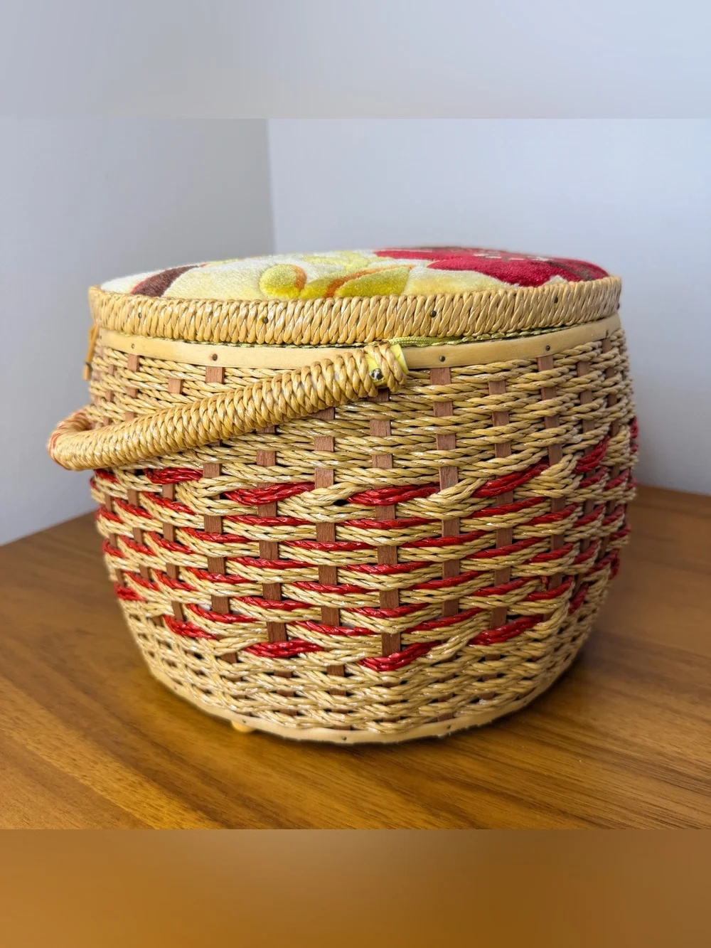 Vintage 1970s Woven Sewing Basket Box Made in Japan Velvet Floral Lid Retro